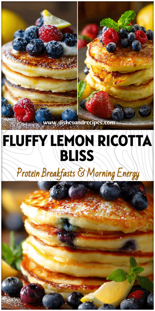 Stack of Easy Lemon Ricotta Pancakes topped with fresh blueberries and Sweet Ricotta for a Healthy Breakfast For Dinner recipe